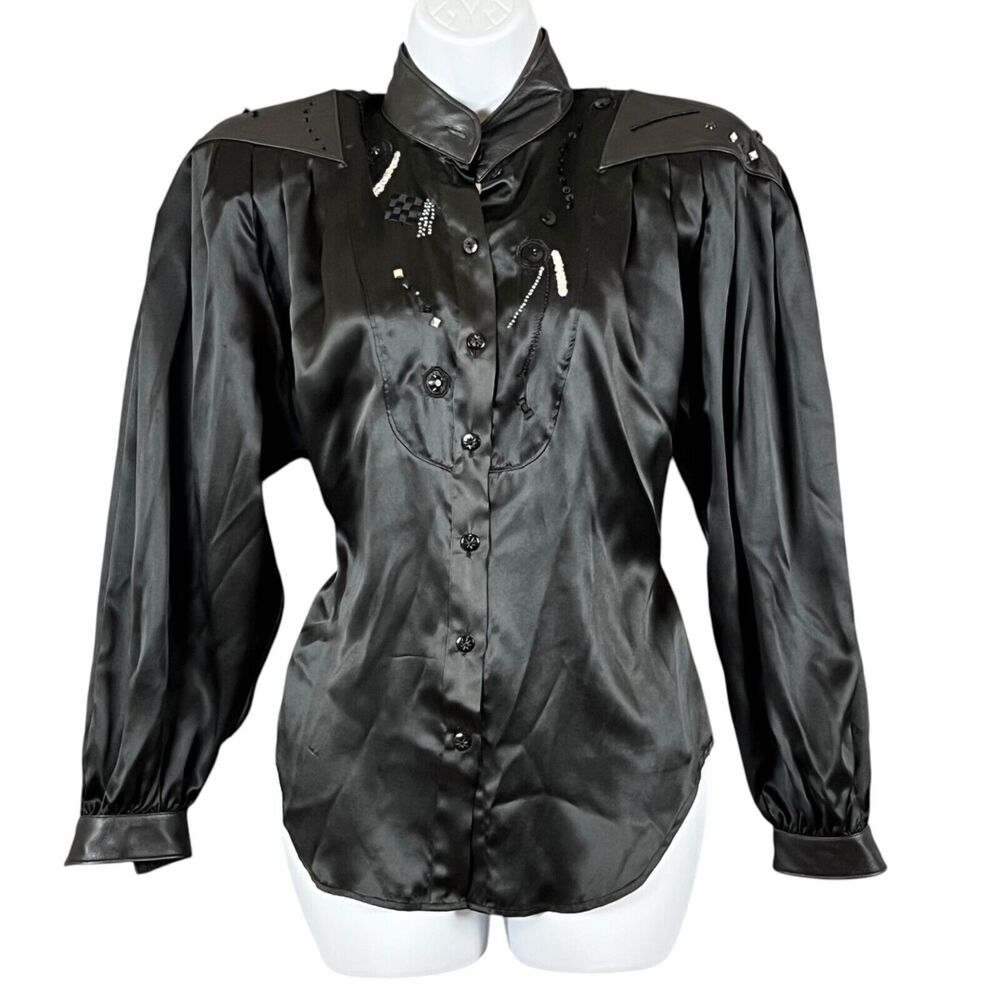 80’s Vtg Marc D’Alcy Paris Blk Silk & Leather Blouse Embellished Big Shoulders 6